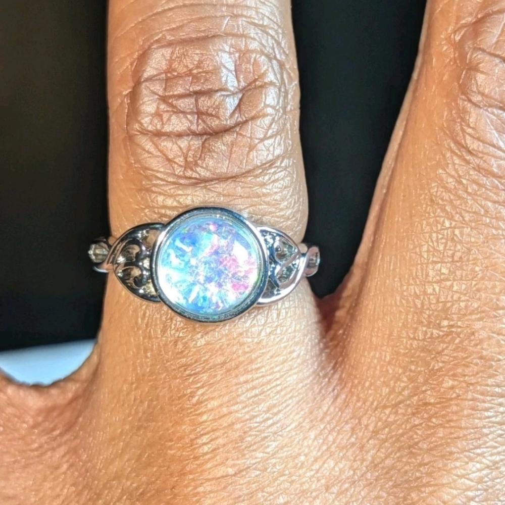 Art Deco Sparkling Silver Plated Dragon Breath Glass Glitter Simulated Opal Ring